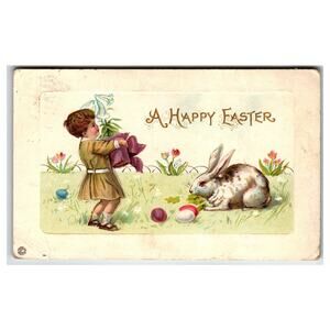 Vintage 1916 Easter Postcard Boy Bunny Eggs Flowers Embossed